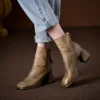 Vintage Top Grain Cowhide Womens Square Toe Block Heel Ankle Boots