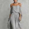 Timeless Grey Flowy Chiffon Womens Cold Shoulder Wide Leg Trouser Pants Set