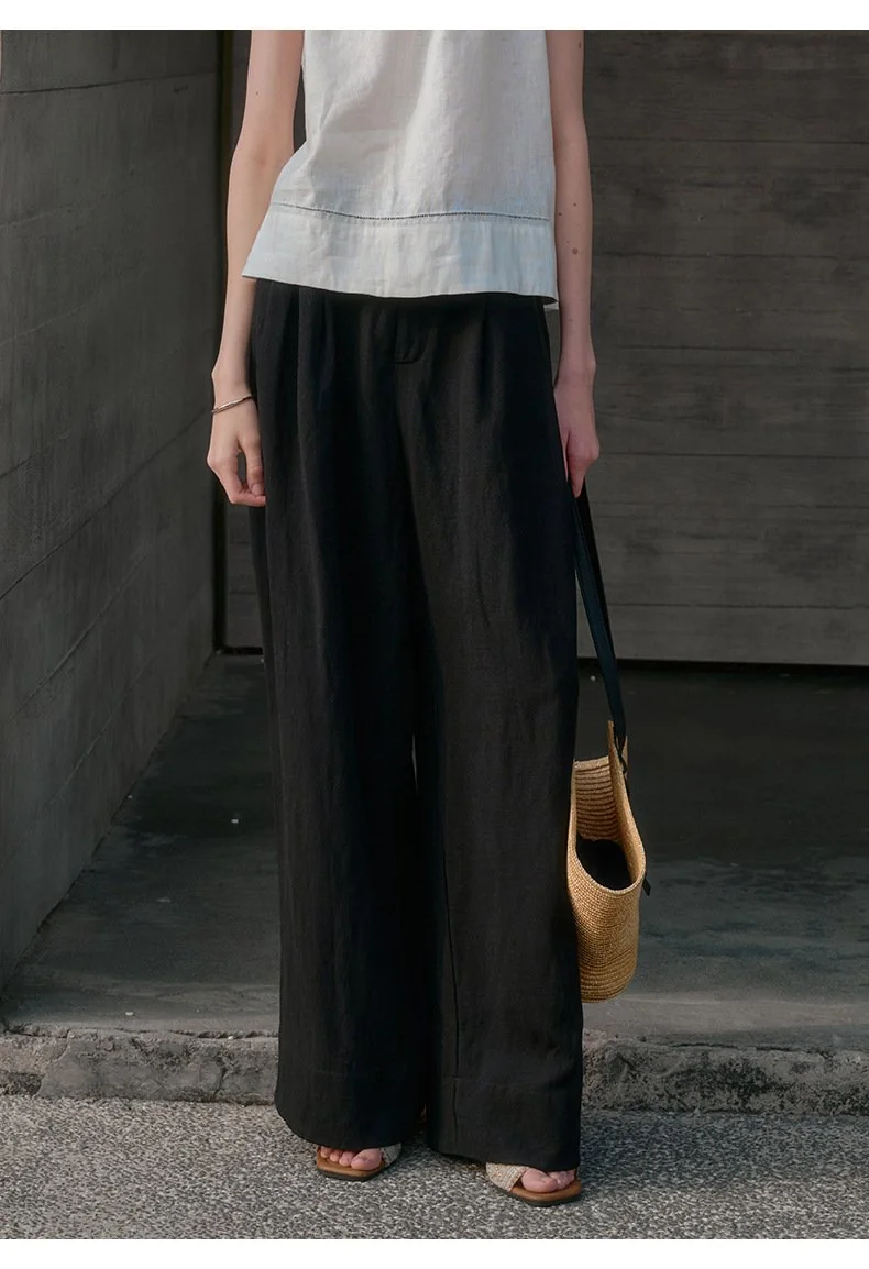 Minimalist Breathable Linen Lyocell Womens Wide Leg Trousers