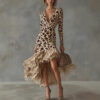 Boho Leopard Print Stretchy Polyester Womens Ruffled Maxi Dress