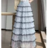 French Riviera Ditsy Floral Scalloped Lace Womens Tiered Maxi Skirt