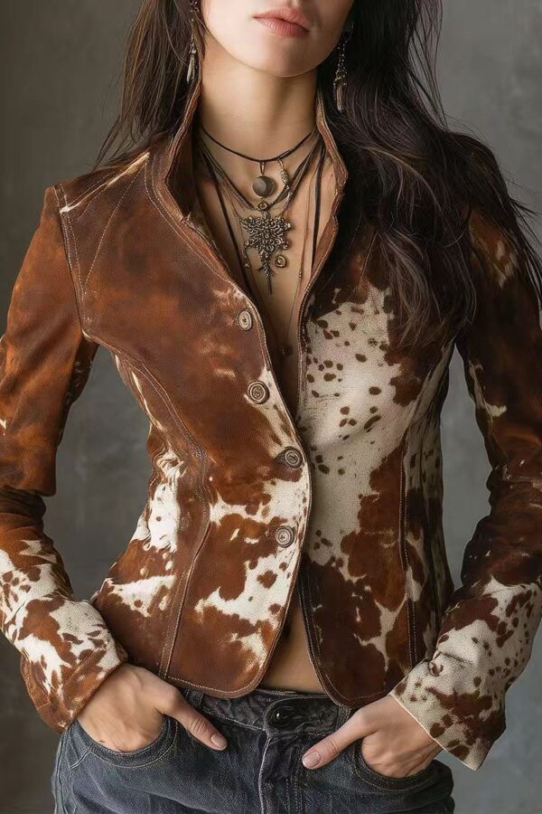 Boho Cow Print Polyester Womens Single Breasted Blazer