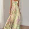 French Riviera Pleated Stretchy Floral Print Womens Maxi Dress