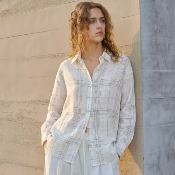 Minimalist Breathable Sheer Pure Cotton Plaid Long Sleeve Shirt