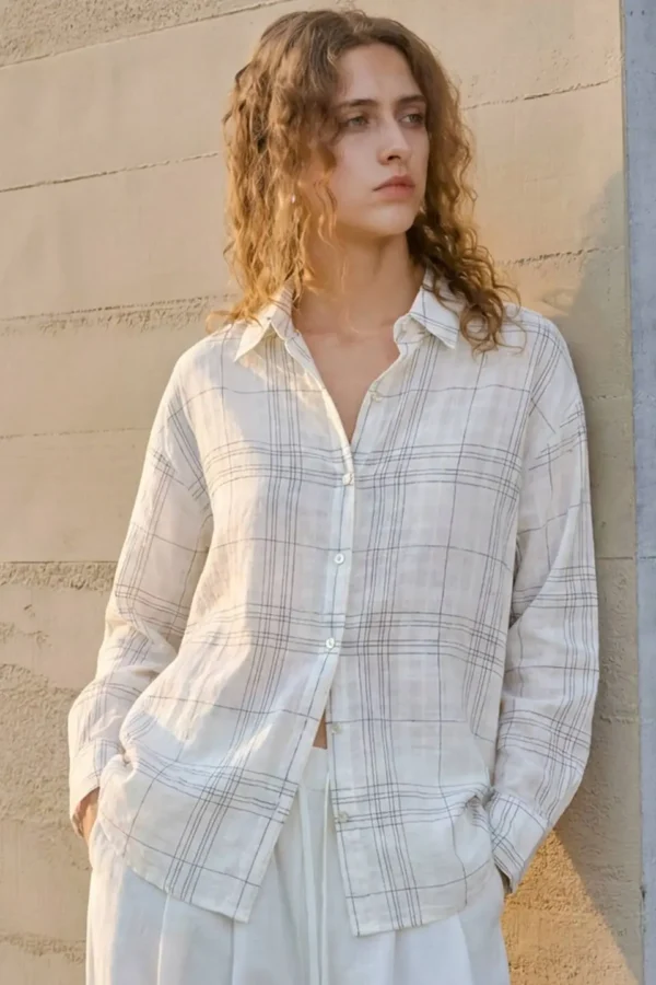 Minimalist Breathable Sheer Pure Cotton Plaid Long Sleeve Shirt