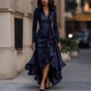Timeless Stretch Polyester Ruffled Hem Womens V Neck Maxi Dress