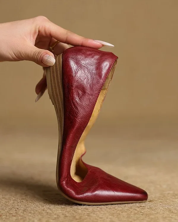 Minimalist Soft Sheepskin Womens Office Pointed Toe Low Wedge Shoes