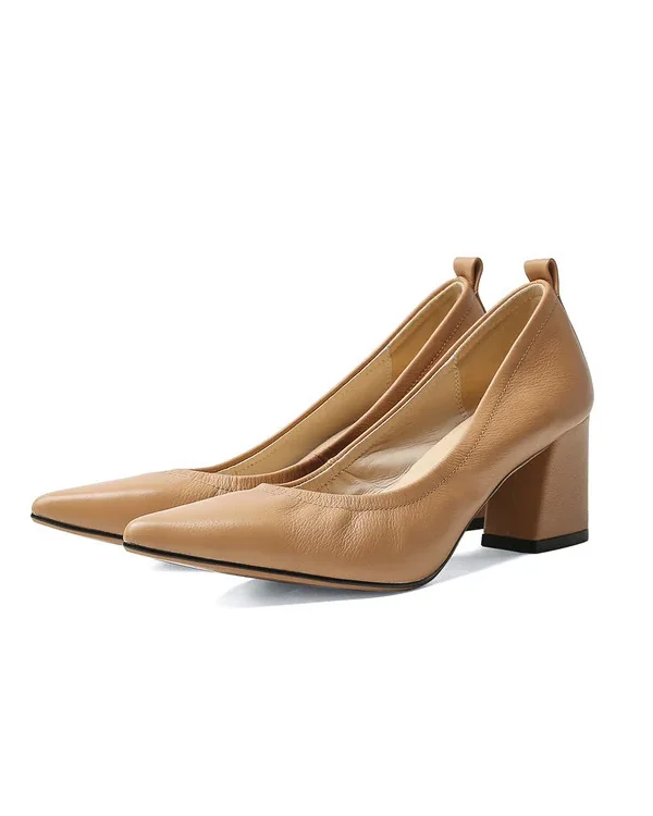 Timeless Grained Cow Leather Womens Pointed Toe Block Heel Court Shoes