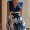 French Riviera Stretchy Printed Womens V Neck Midi Dress