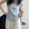 Minimalist Breathable Cotton Blend Womens Asymmetric Hem Cap Sleeve T Shirt