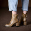 Vintage Top Grain Cowhide Womens Square Toe Block Heel Ankle Boots