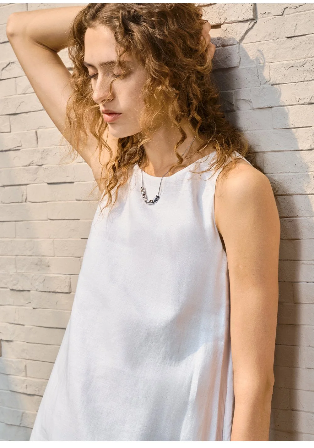 Minimalist Scalloped Edge Linen Blend Womens Sleeveless Midi Dress