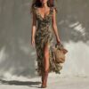 Boho Ruffled Ruched Tropical Print Split Breathable Womens Maxi Dress