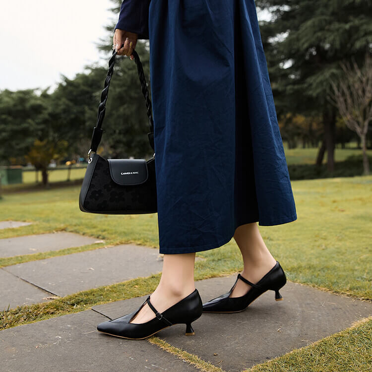 Timeless Genuine Leather Womens Pointed Toe Kitten Heel Mary Janes