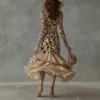 Boho Leopard Print Stretchy Polyester Womens Ruffled Maxi Dress