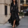 Timeless Stretch Polyester Ruffled Hem Womens V Neck Maxi Dress