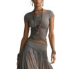 Boho Fringe Lace Shirred Womens Grey Two Piece Maxi Skirt Set