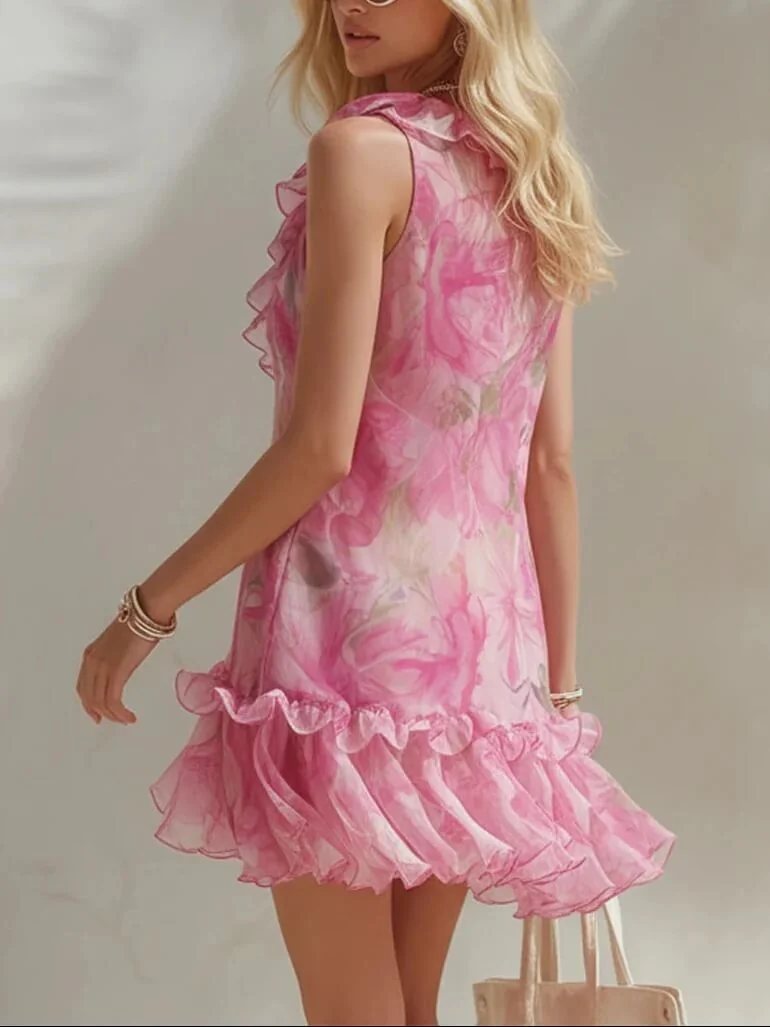 French Riviera Ruffled Floral Stretchy Polyester Womens Mini Dress
