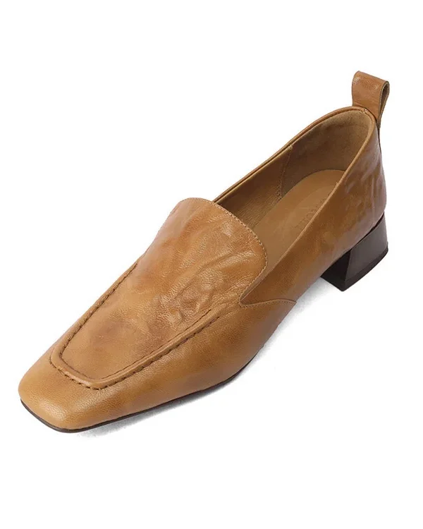 Timeless Crinkled Sheepskin Womens Square Toe Block Heel Loafers