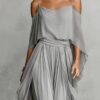 Timeless Grey Flowy Chiffon Womens Cold Shoulder Wide Leg Trouser Pants Set