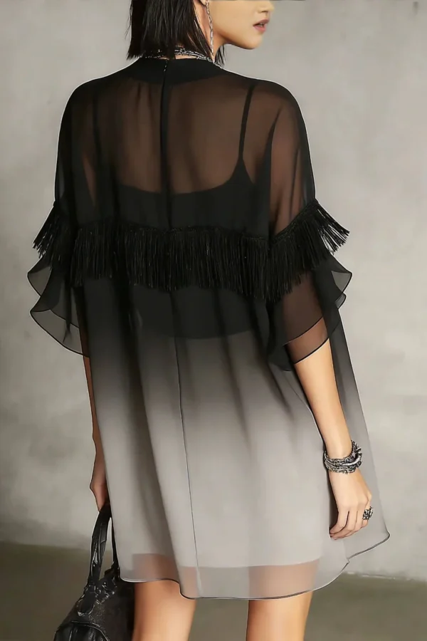 Streetwear Fringed Ombre Sheer Polyester Womens Mini Dress