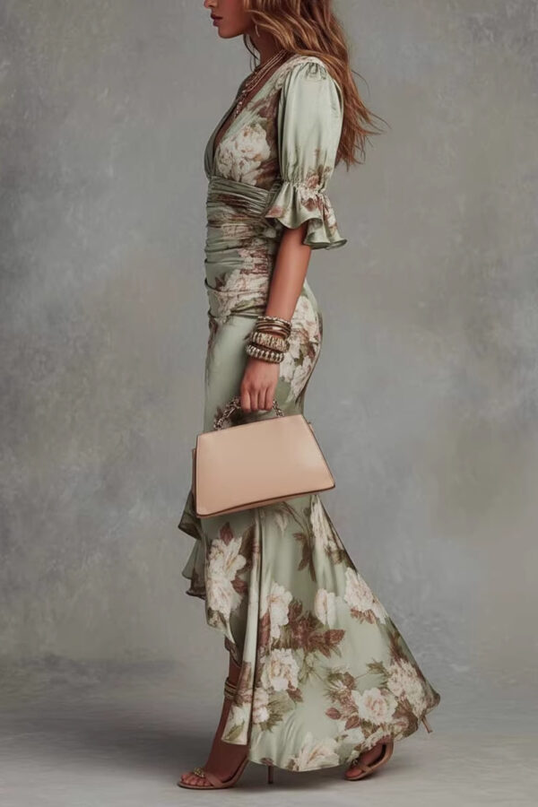 French Riviera Floral Printed Ruffled Satin Womens Bodycon Maxi Dress