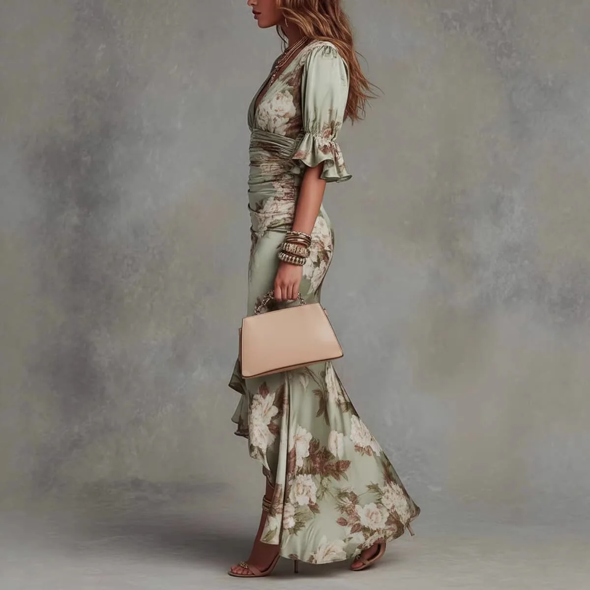 French Riviera Floral Printed Ruffled Satin Womens Bodycon Maxi Dress