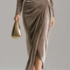 Timeless Ruched Velvet Womens Long Sleeve Bodycon Midi Dress