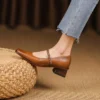 Timeless Washed Leather Womens Square Toe Block Heel Mary Janes