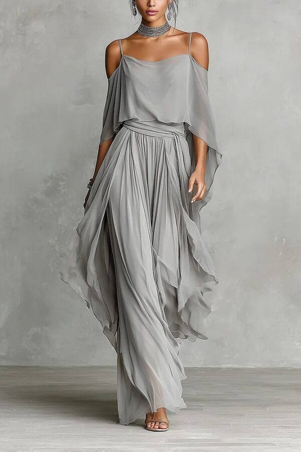 Timeless Grey Flowy Chiffon Womens Cold Shoulder Wide Leg Trouser Pants Set
