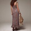 Boho Ruched Floral Stretchy Polyester Womens Split Maxi Dress