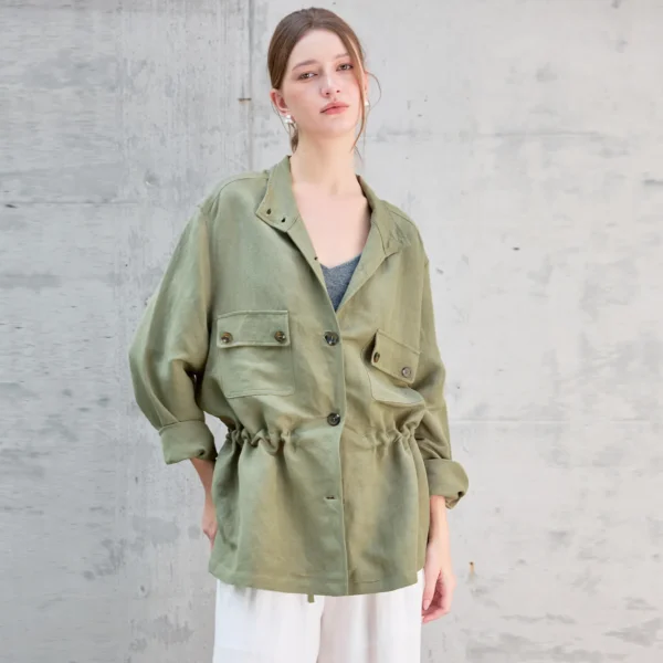 Timeless Sustainable Linen Blend Ruched Waist Utility Shirt Jacket