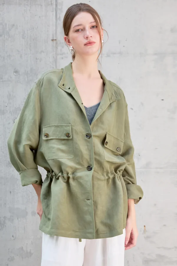 Timeless Sustainable Linen Blend Ruched Waist Utility Shirt Jacket