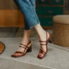 Minimalist Cowhide Womens Square Toe Buckle Block Heel Sandals