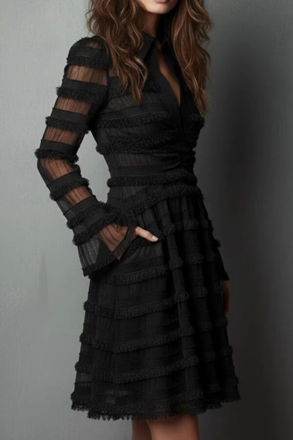 Timeless Sheer Fringed Stretchy Polyester Womens Slim Fit Midi Dress