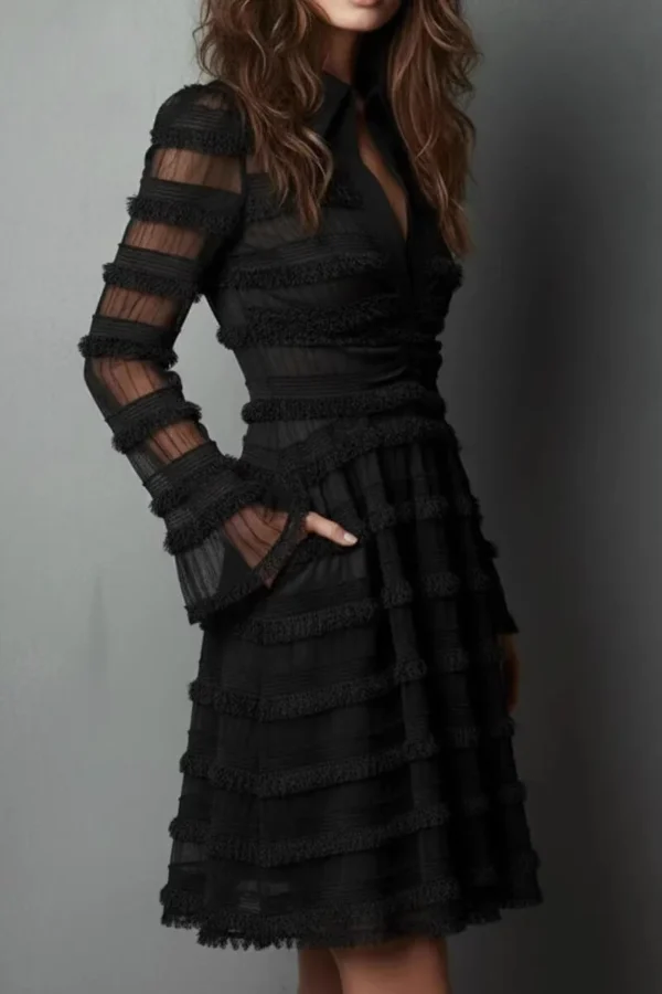 Timeless Sheer Fringed Stretchy Polyester Womens Slim Fit Midi Dress