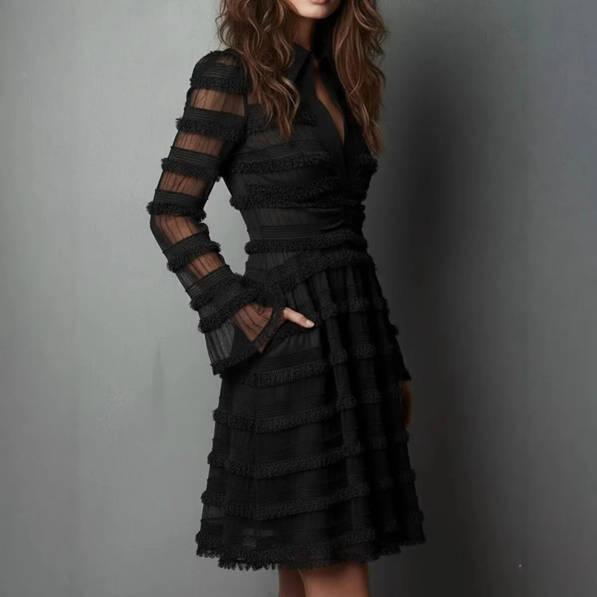 Timeless Sheer Fringed Stretchy Polyester Womens Slim Fit Midi Dress