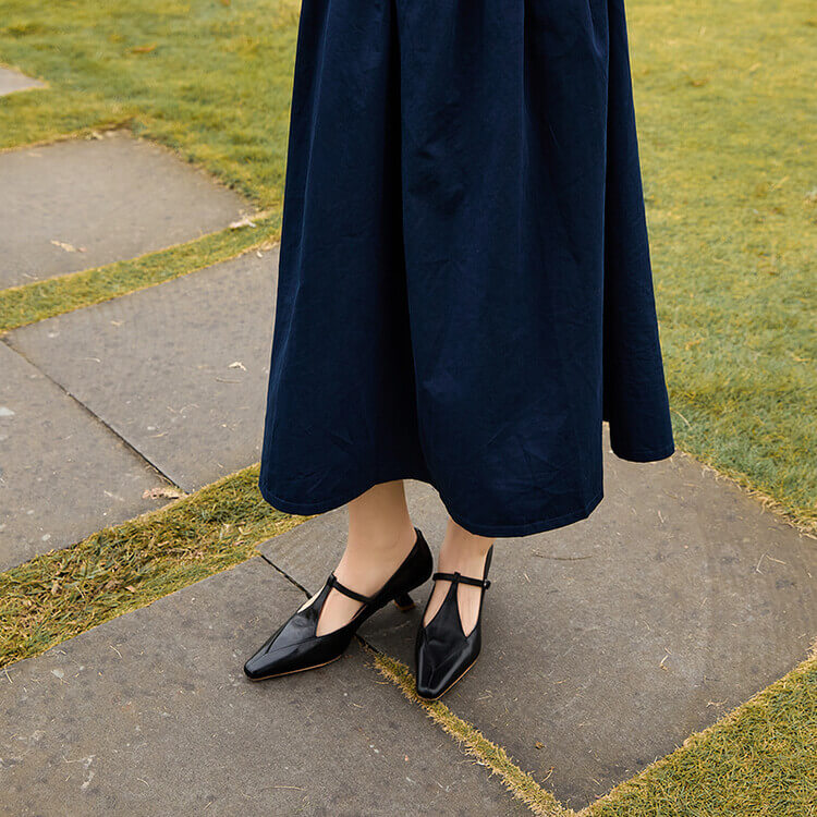 Timeless Genuine Leather Womens Pointed Toe Kitten Heel Mary Janes