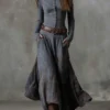 Boho Cotton Blend Spliced Womens High Waist Long Sleeve Maxi Dress