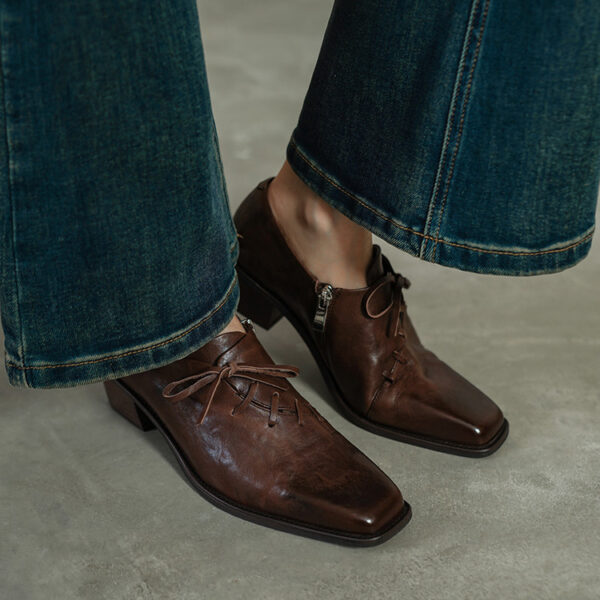 Timeless Washed Cowhide Womens Square Toe Block Heel Oxford Shoes