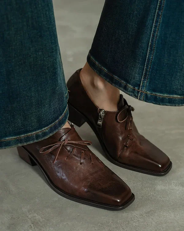 Timeless Washed Cowhide Womens Square Toe Block Heel Oxford Shoes