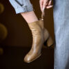 Vintage Top Grain Cowhide Womens Square Toe Block Heel Ankle Boots