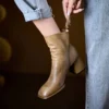 Vintage Top Grain Cowhide Womens Square Toe Block Heel Ankle Boots