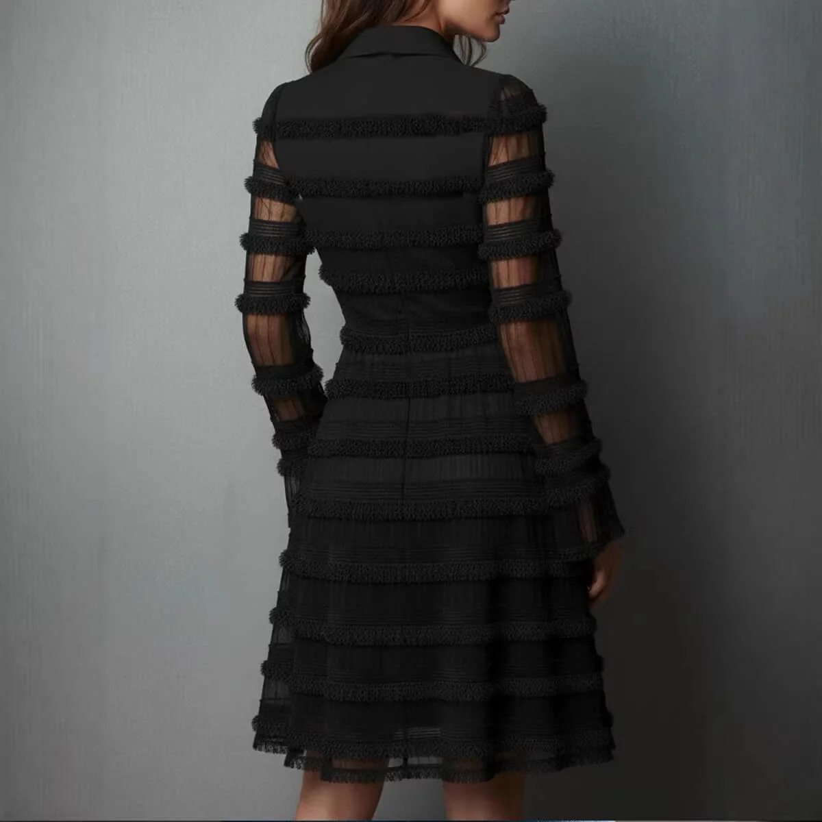 Timeless Sheer Fringed Stretchy Polyester Womens Slim Fit Midi Dress