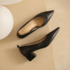 Timeless Grained Cow Leather Womens Pointed Toe Block Heel Court Shoes