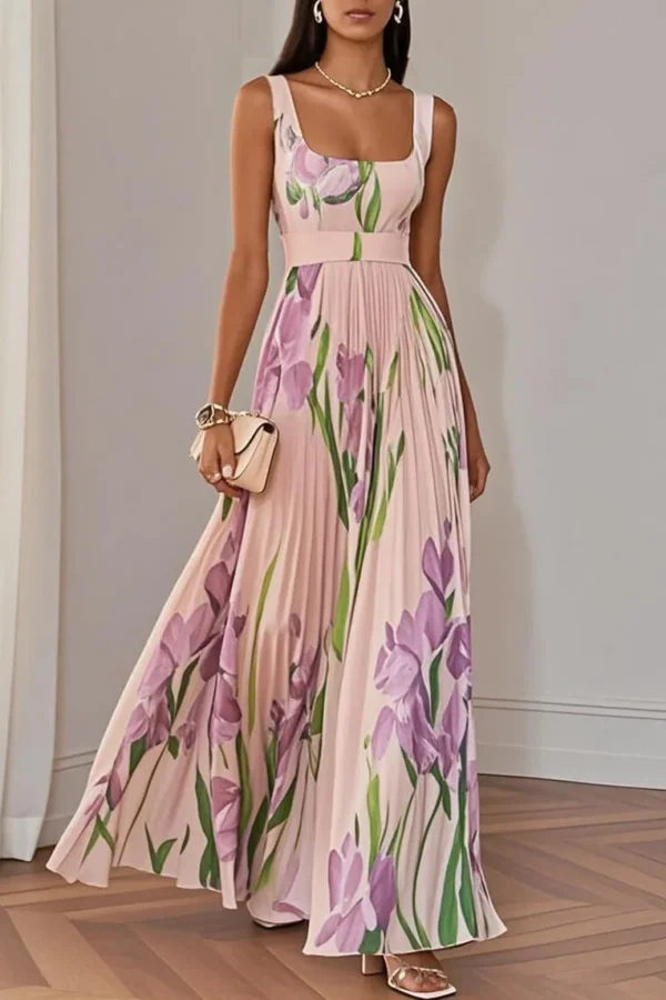 French Riviera Pleated Floral Print Stretch Polyester Womens Maxi Dress