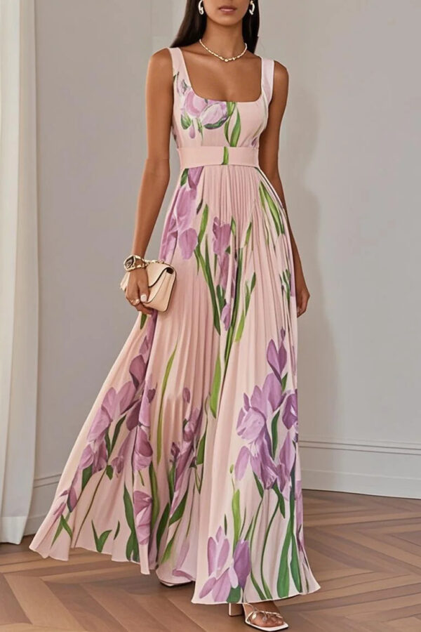 French Riviera Pleated Stretchy Floral Print Womens Maxi Dress