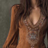 Boho Embroidery Stretch Polyester Womens Long Sleeve Mini Dress