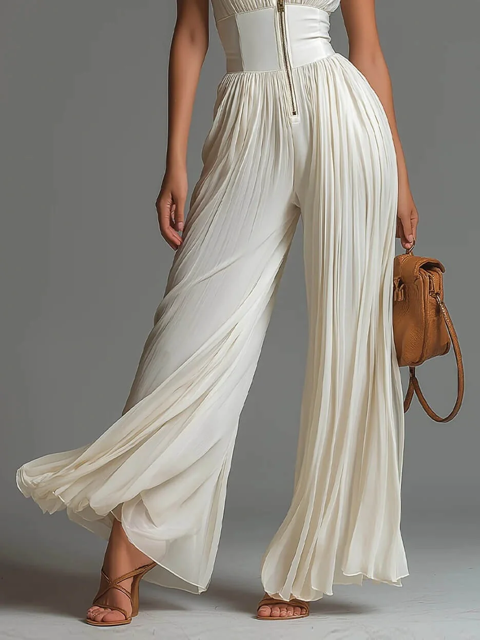 Minimalist Commuter Cream Pleated Wide Leg Womens Jumpsuit