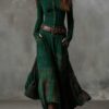Boho Cotton Blend Spliced Womens High Waist Long Sleeve Maxi Dress